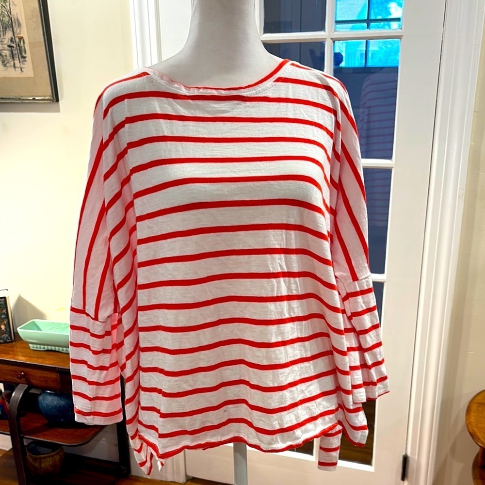 Mer Sea orange & white striped cotton crew neck top.  One size.